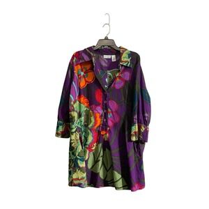 Soft Surroundings 3X Tunic Top Sadie Purple Floral Collared Pockets Longline
